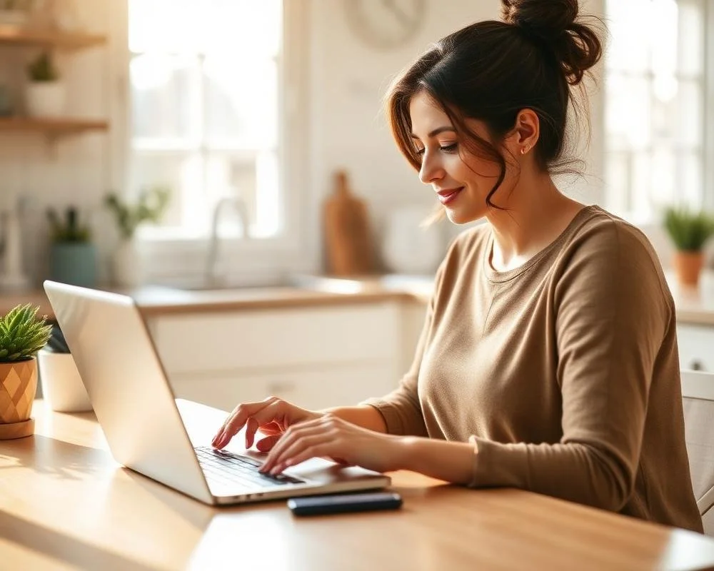 A woman smiling and using a laptop at a kitchen counter with natural light.