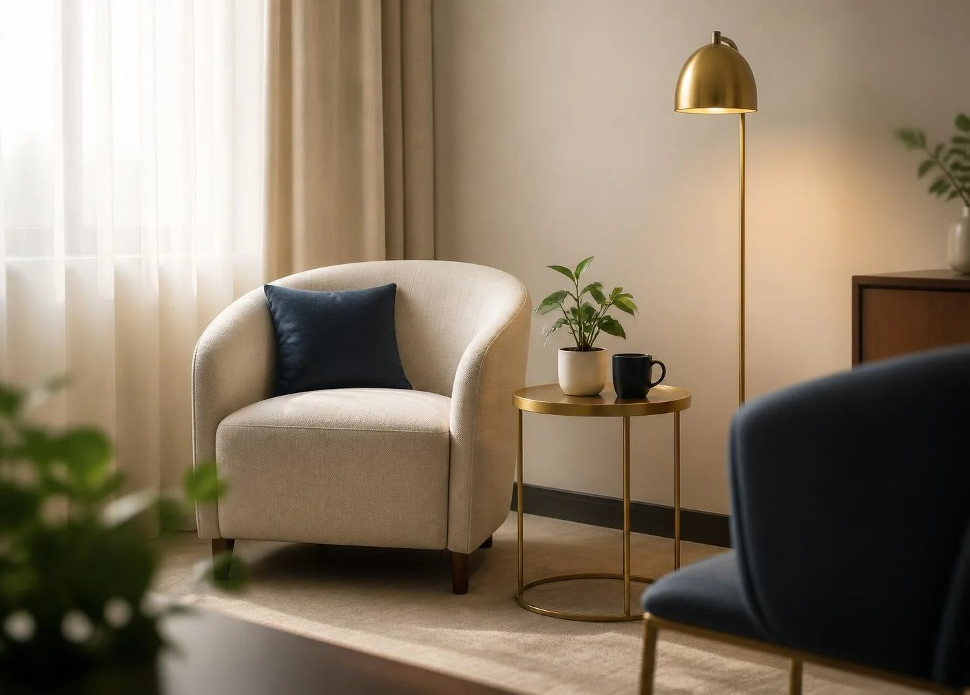 A cozy living room corner with a beige armchair, a black cushion, a small round gold side table with a green potted plant and black mug, a gold floor lamp, and beige curtains in the background.