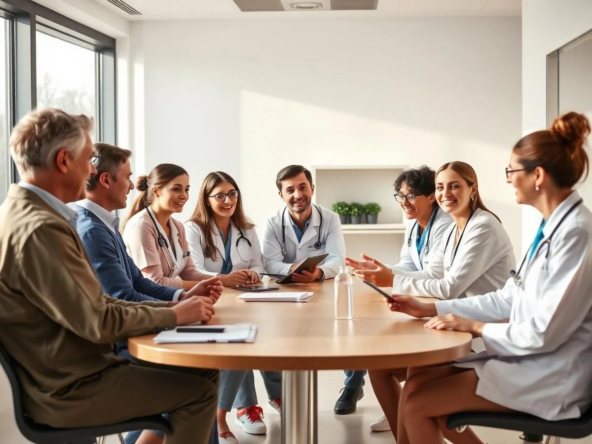 Medical professionals and staff sitting around a conference table in a meeting room, engaged in discussion and smiling.