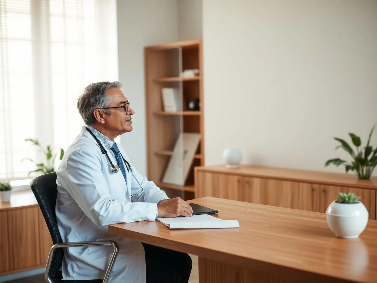 An older male doctor wearing glasses and a white coat, sitting at a wooden desk with a notepad and digital tablet, in a well-lit office with potted plants and bookshelf.