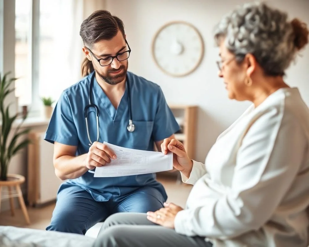 A young male healthcare professional with glasses and a stethoscope around his neck discussing a document with an elderly woman patient in a bright doctor's office.