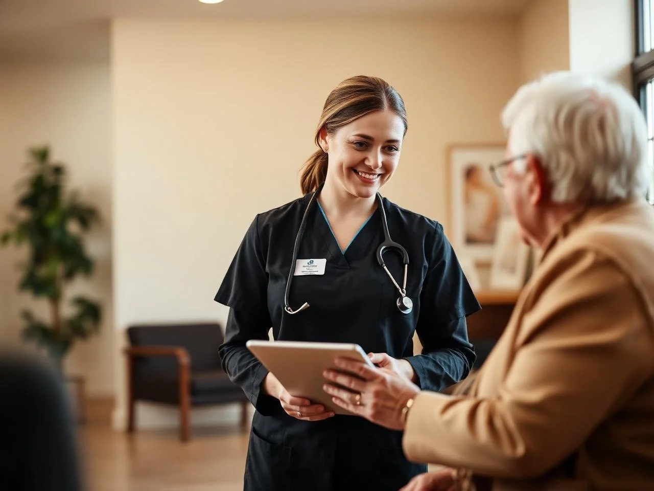 A young female nurse in black scrubs and a stethoscope around her neck is smiling and handing a tablet to an elderly woman with white hair, glasses, and a beige jacket, in a medical or care facility setting.