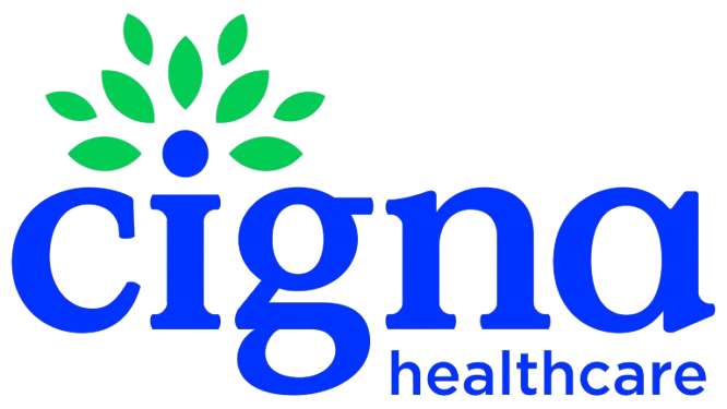 Cigna Healthcare logo with a blue lowercase "cigna" and a stylized green human figure with leaves above it.