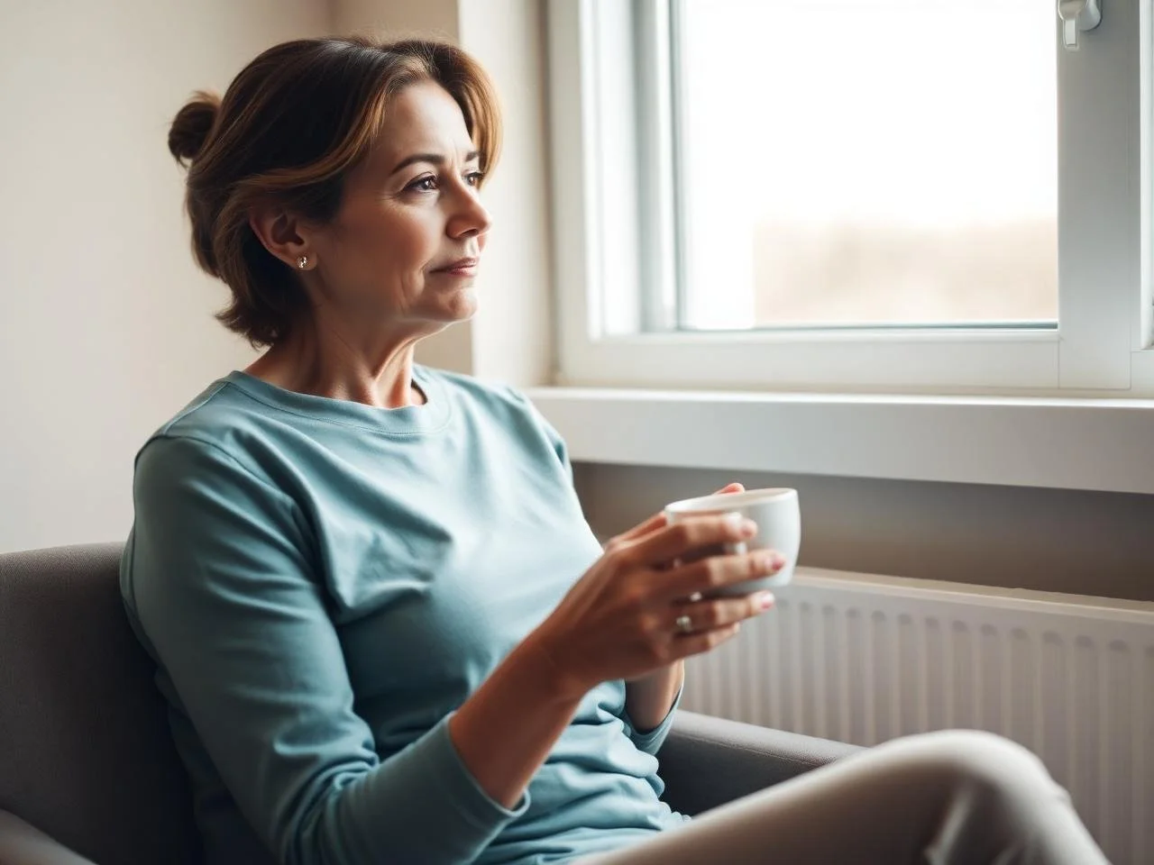 A woman with short brown hair, wearing a light blue long sleeve shirt, sitting on a gray chair by a window, holding a white mug, looking outside thoughtfully.