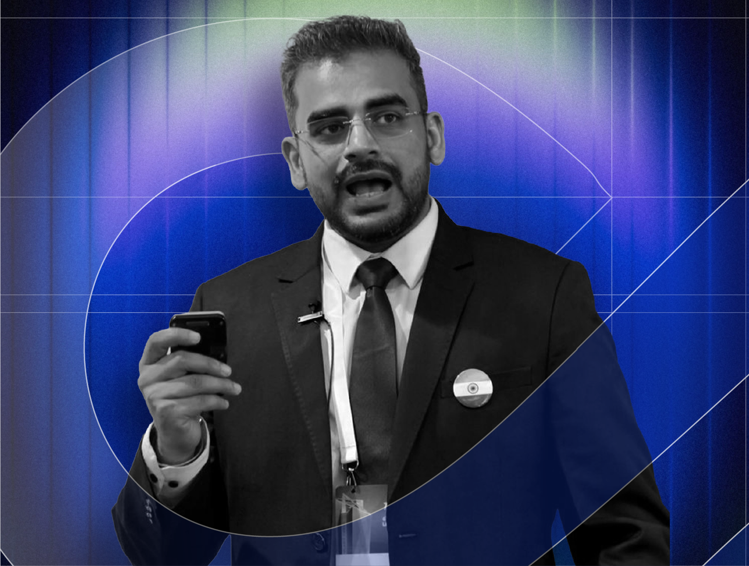 A blurred image of a person with the text 'ANNOUNCING SOON' overlayed, and a background featuring gradient colors and geometric lines.