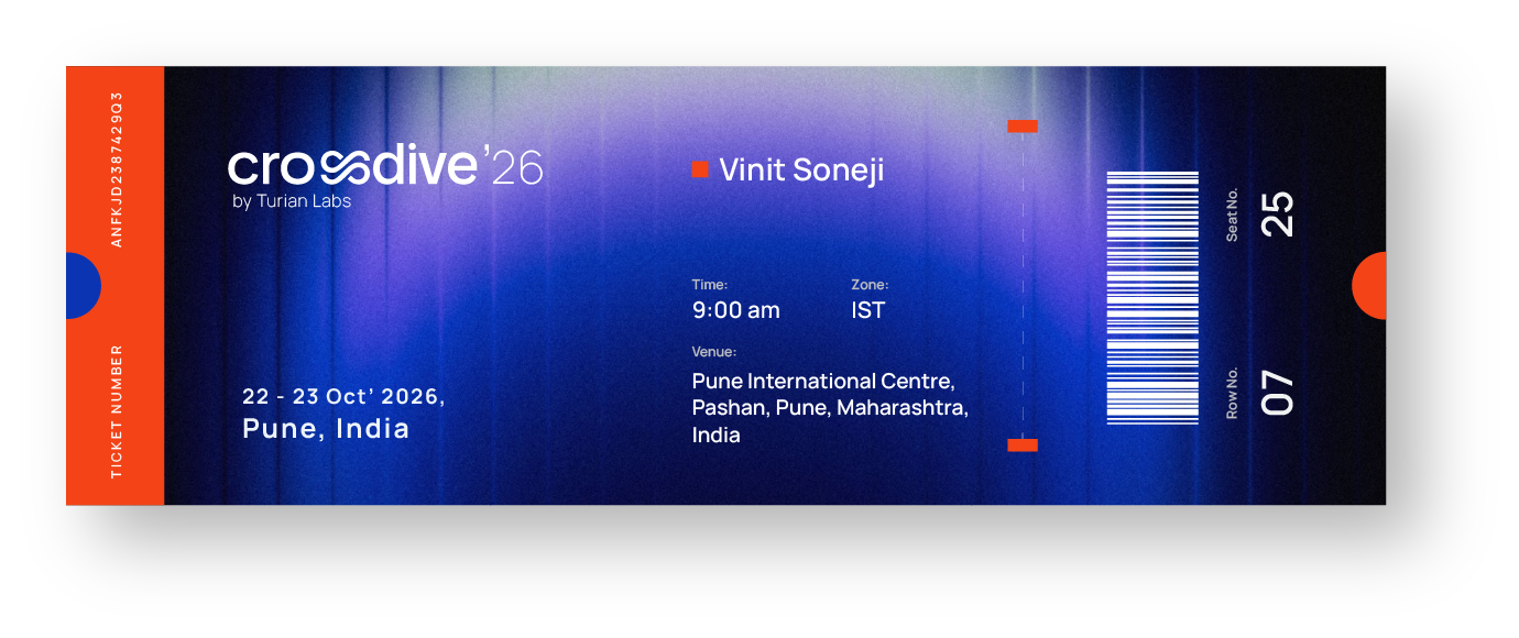 Event ticket with blue and purple gradient background. Details for CroSDive 2026 event, including dates October 22-23, 2026 in Pune, India, with speaker Vinit Soneji. Includes time 9:00 am, venue Pune International Centre, and seat info: Row 07, Seat 25, Ticket No. ANFJKD23874Z9G3.