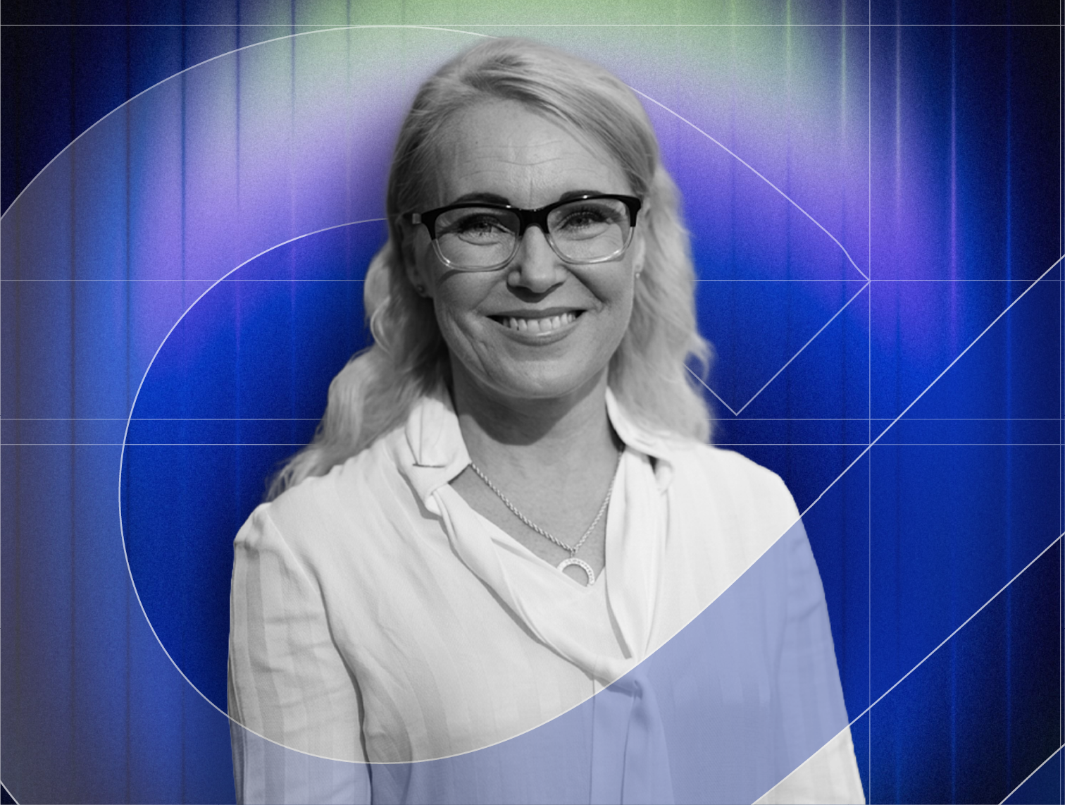 A woman with a headset and a blazer in front of a blue and green background with geometric lines, with the text 'ANNOUNCING SOON' overlaid.
