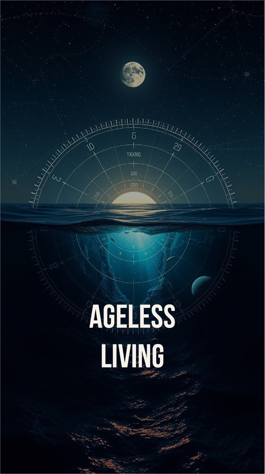 Night scene with a full moon, starry sky, and ocean with reflections. Earth's surface is visible underwater, with a planet and dolphins. Overlaid with a radar display and the text 'Ageless Living'.