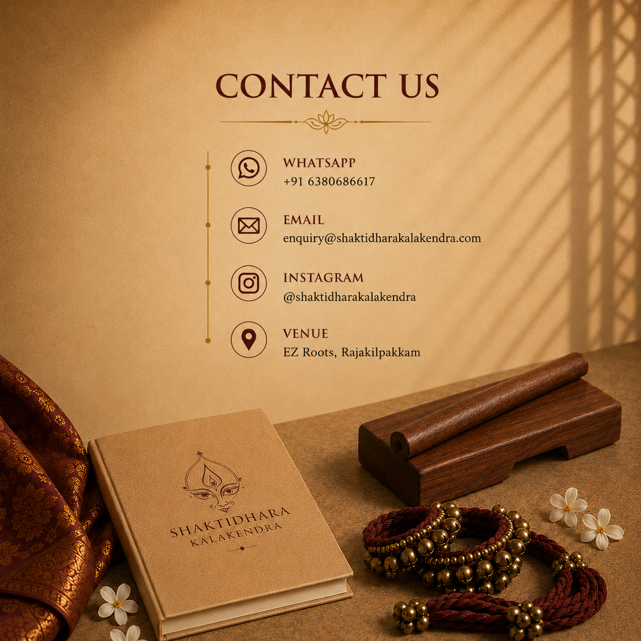 Contact information for Shaktidharakalendra, including WhatsApp, email, Instagram, and venue details, set against a warm beige background with traditional jewelry and a book nearby.