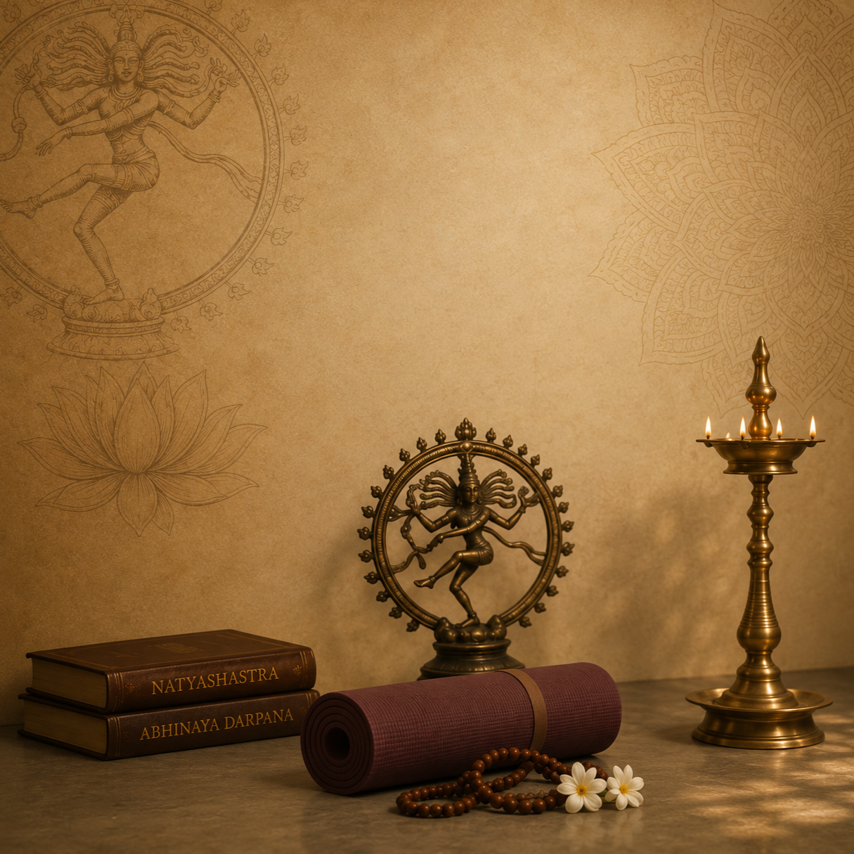 Decorative arrangement including books labeled 'Natyashastra' and 'Abhinaya Darpana', a rolled yoga mat, a beaded necklace with white flowers, a brass statue of Lord Shiva Nataraja, and a lit brass oil lamp, all against a beige wall with spiritual artwork and patterns.