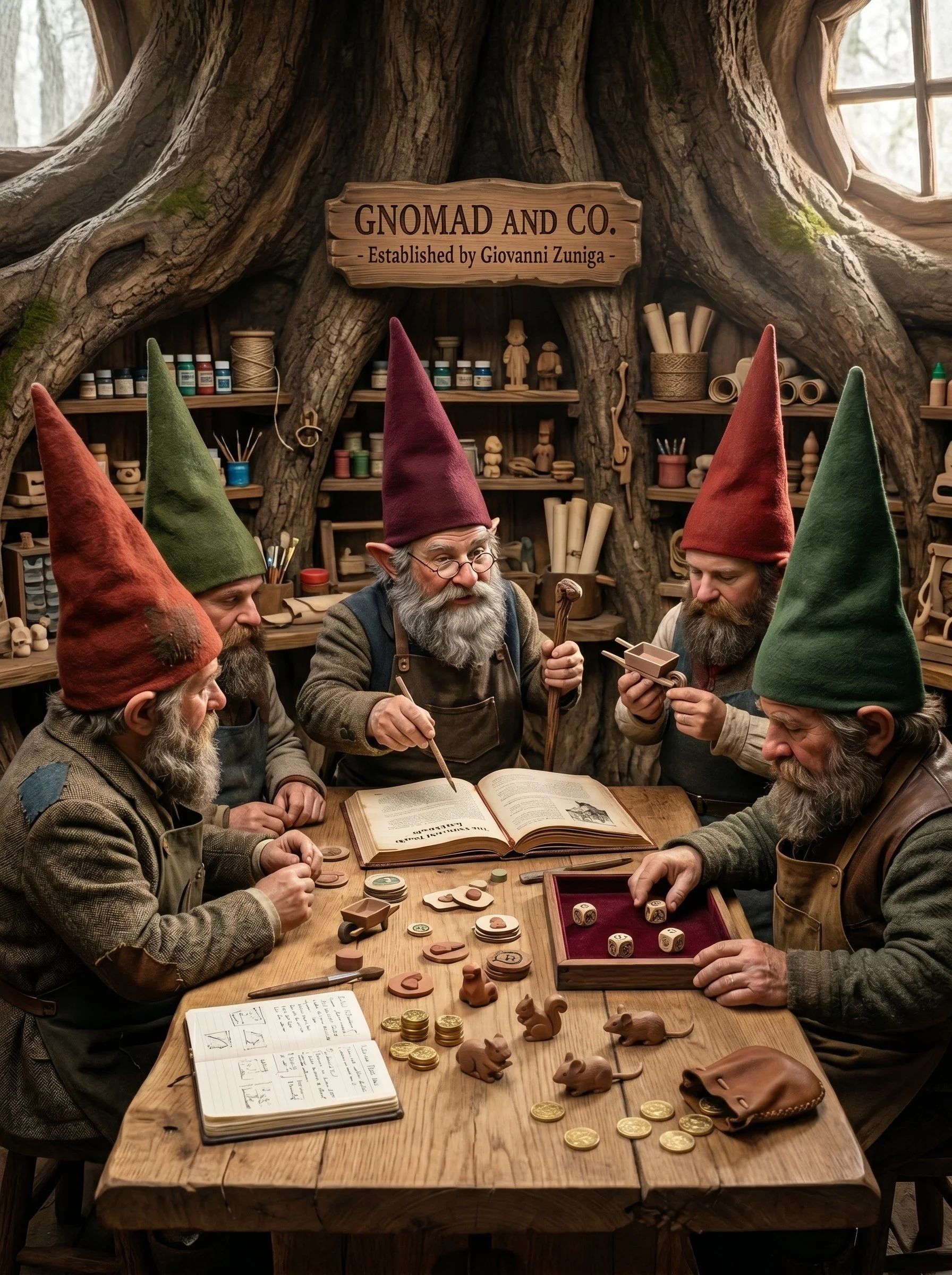 A group of fantasy-style elves with pointed hats gathered around a wooden table playing a tabletop game. The table has a game board, dice, coin tokens, and small figurines. The background is a cozy, treehouse-like room with shelves of art supplies and a sign that reads 'Gnomad and Co. Established by Giovanni Zuniga.' The room has large windows and a large, gnarled tree trunk forming part of the interior.