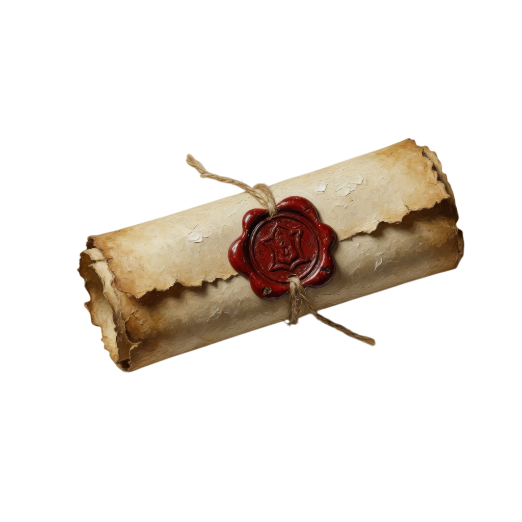 aged parchment paper rolled into a scroll, sealed with red wax and tied with twine.