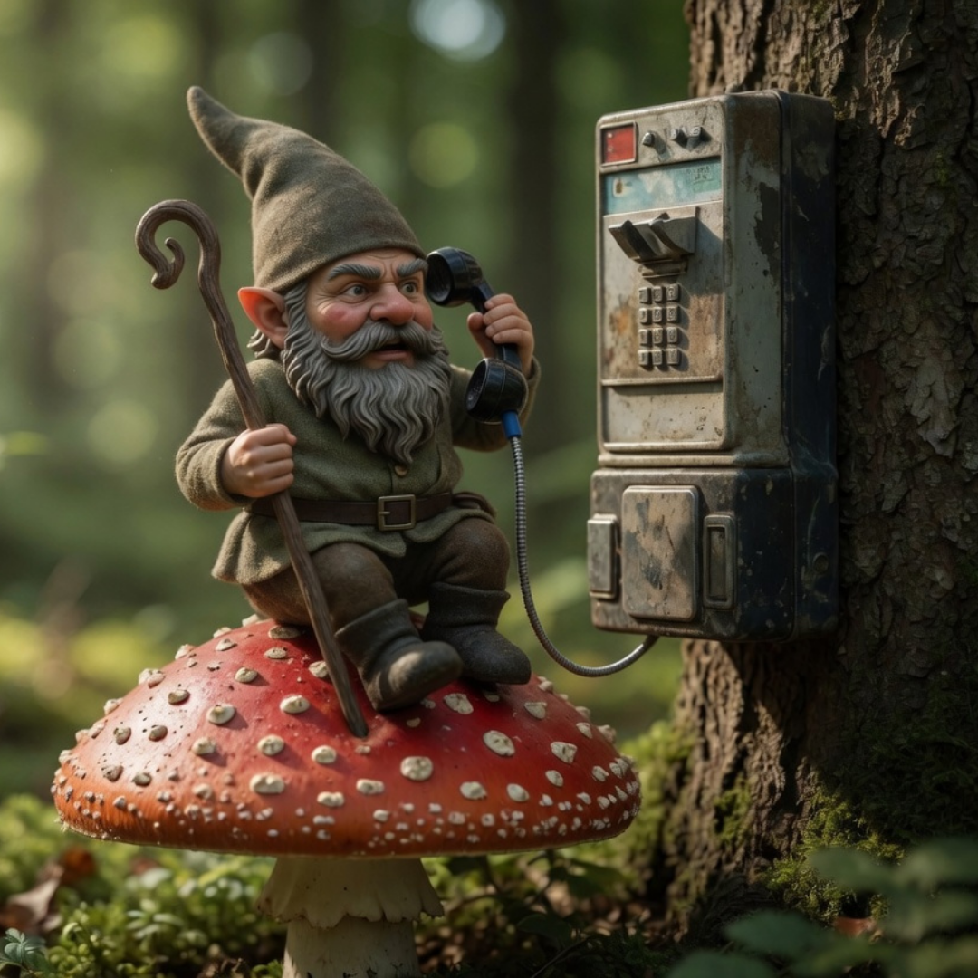 A small garden gnome figurine with gray hair and beard, wearing a gray hat and green outfit, sitting on a red and white spotted mushroom, holding a shepherd's crook, talking on a payphone mounted on a tree trunk in a forest.