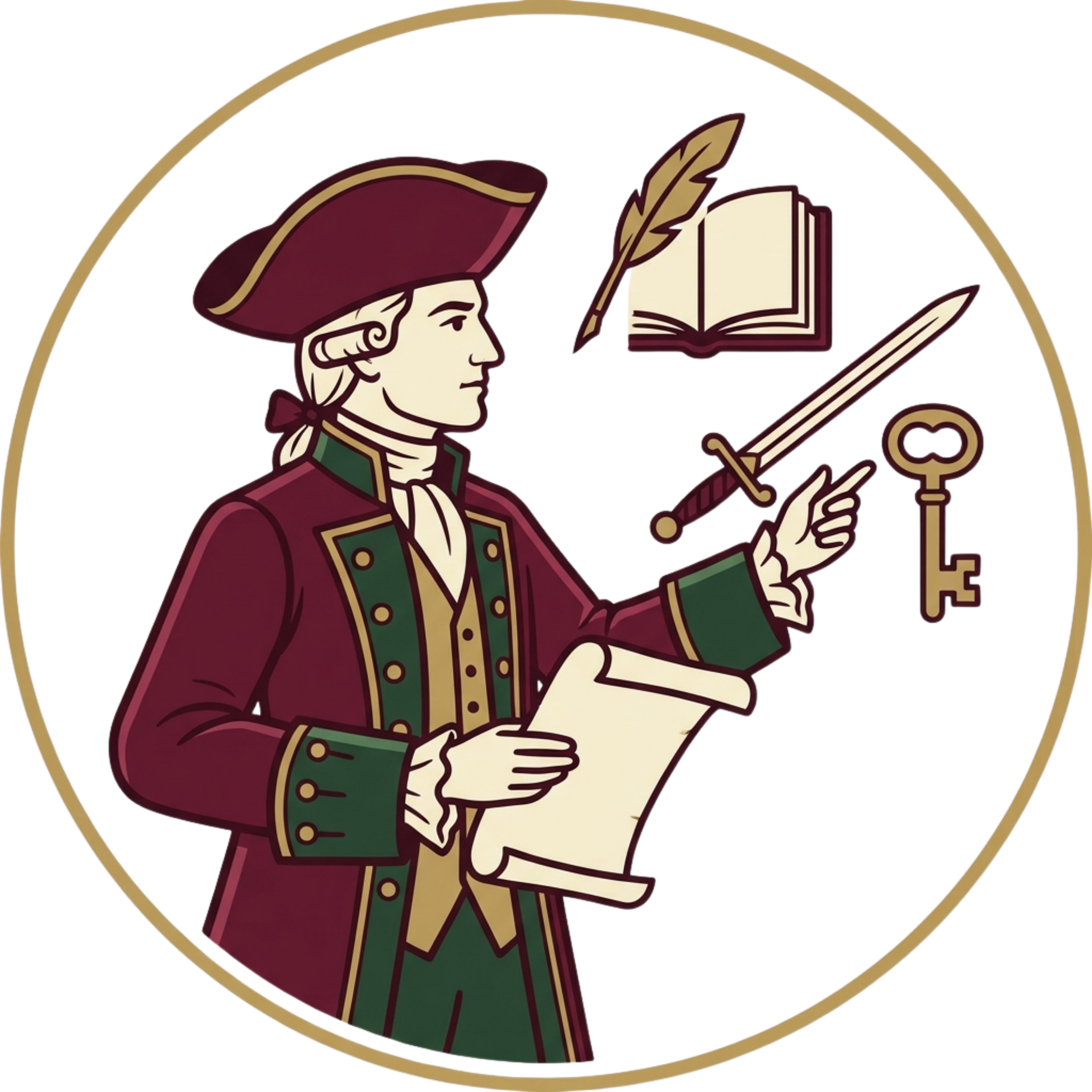 Close-up of a heraldic emblem featuring a Roman or Greek figure in profile, wearing a red helmet with a gold trim, holding a large quill or stylus, with an open book and keys in the background.