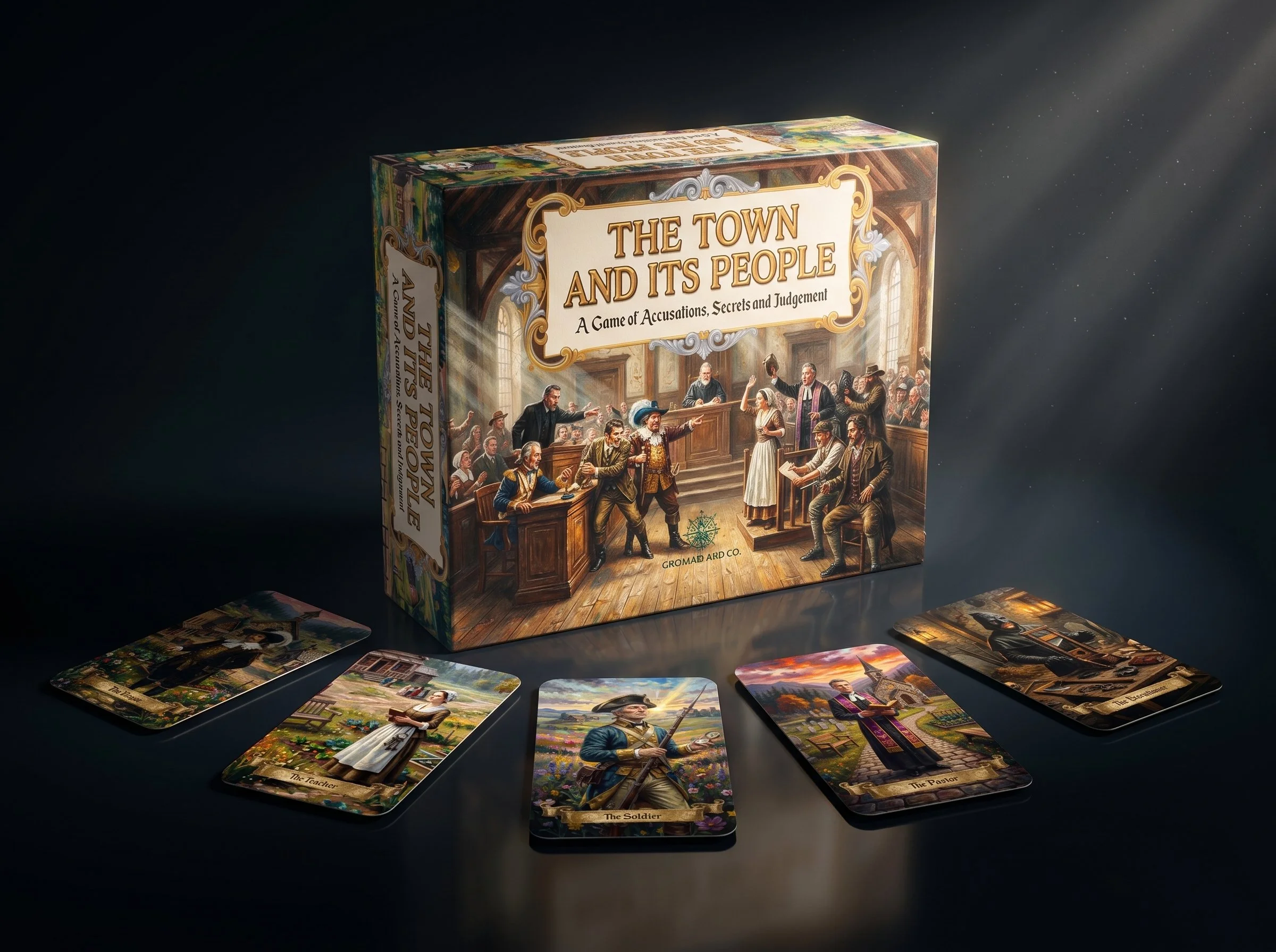 Board game box titled "The Town and Its People" with artwork of a historic courtroom scene. Several illustrated character cards are spread out in front, depicting various townspeople.
