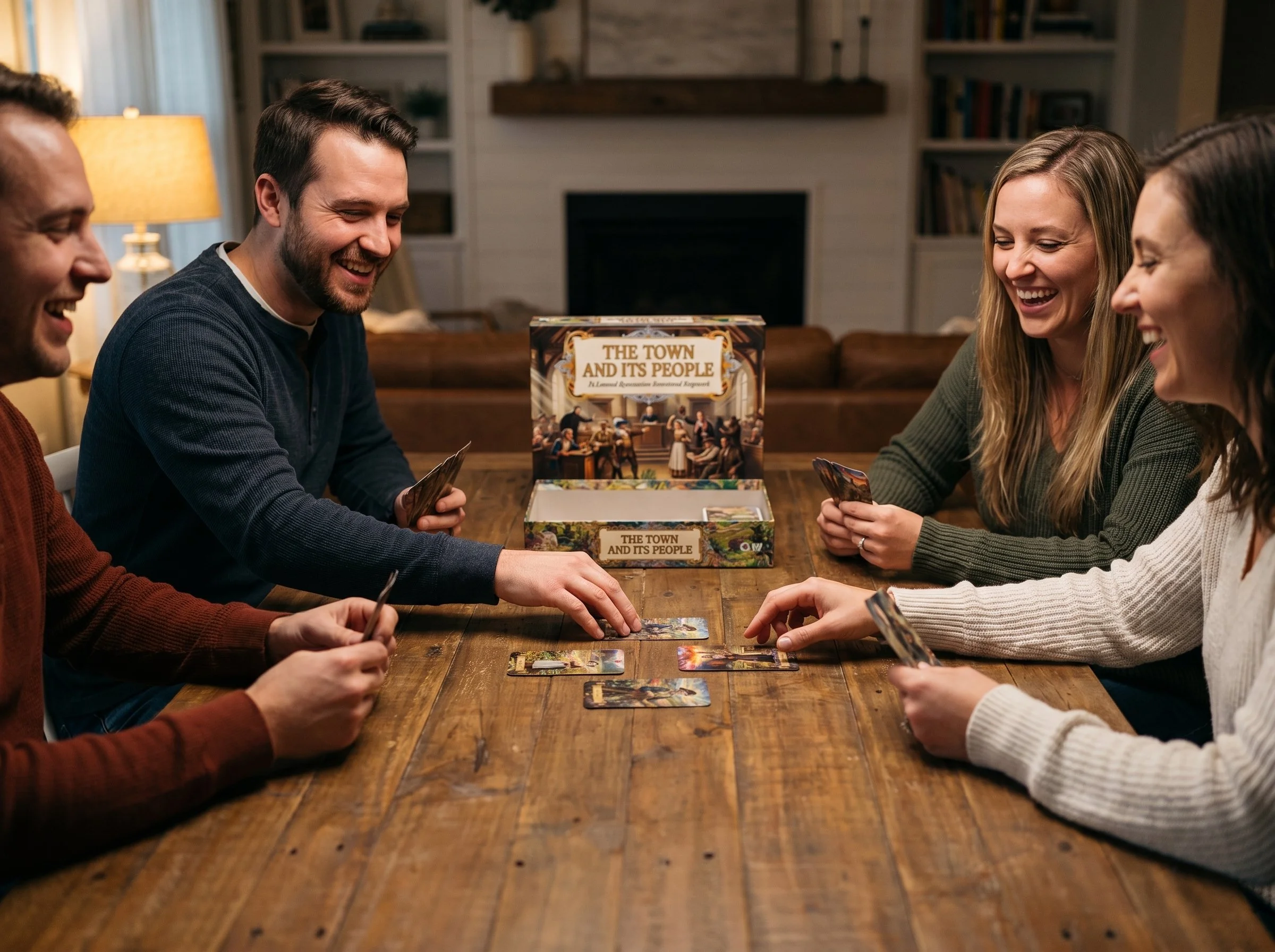 Five people sitting around a wooden table playing a tabletop game called 'The Town and Its People'. They are smiling and engaged in the game, with a box of the game on the table.