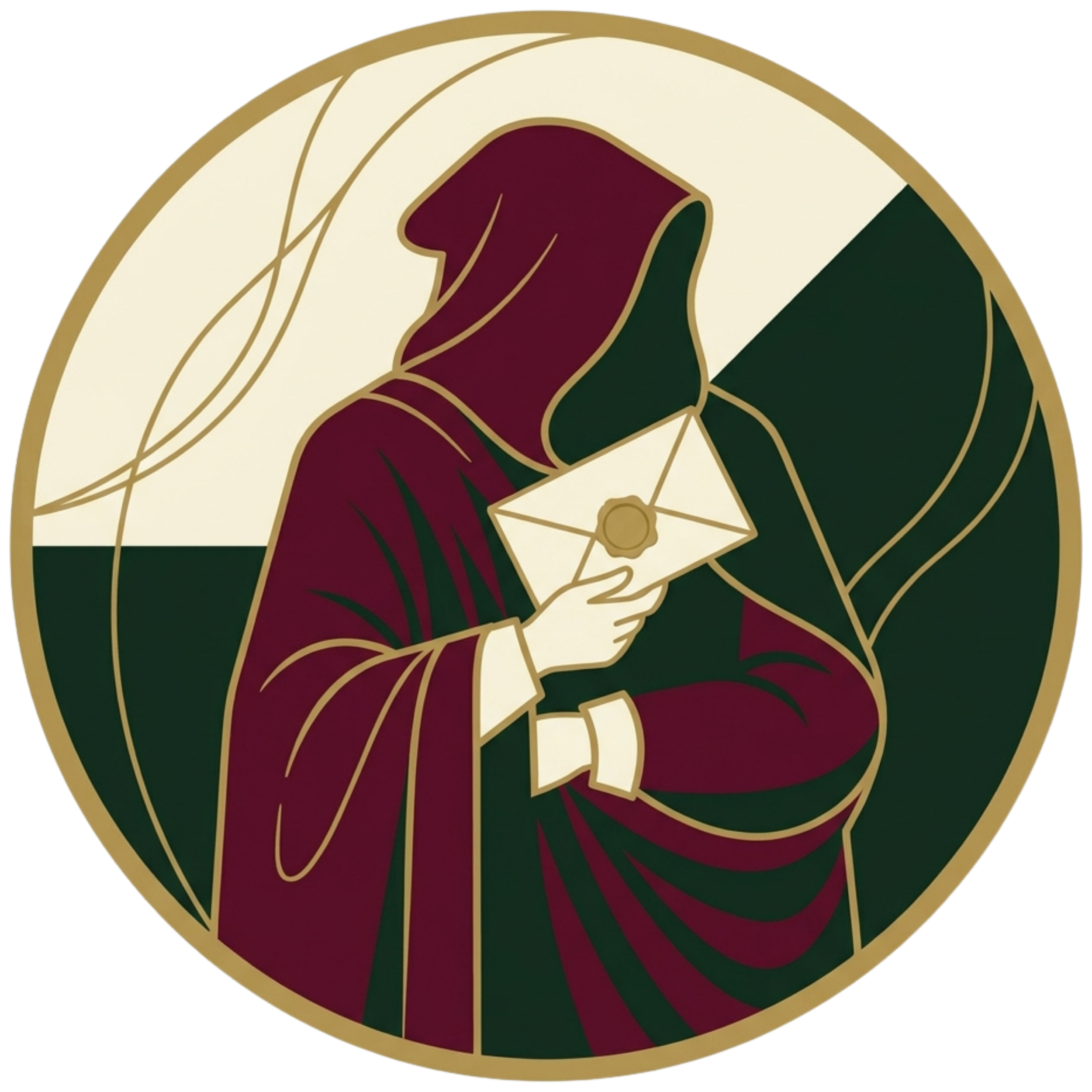 Stylized illustration of Jesus Christ with long hair and a beard, praying with hands clasped, surrounded by golden lines and a circular outline.