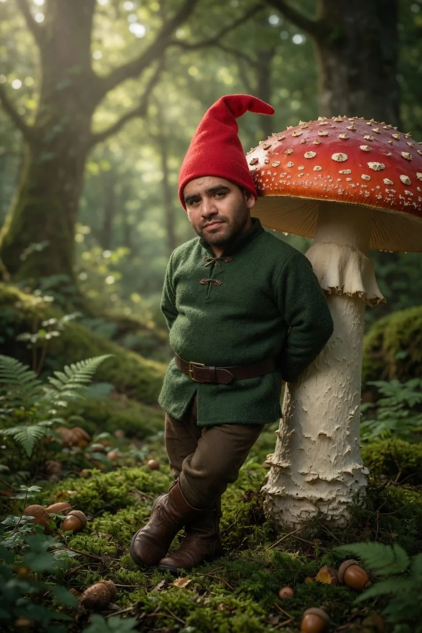 A man dressed as a woodland gnome with a red pointed hat, green tunic, and brown boots, standing next to a large red mushroom with white spots in a lush forest setting.