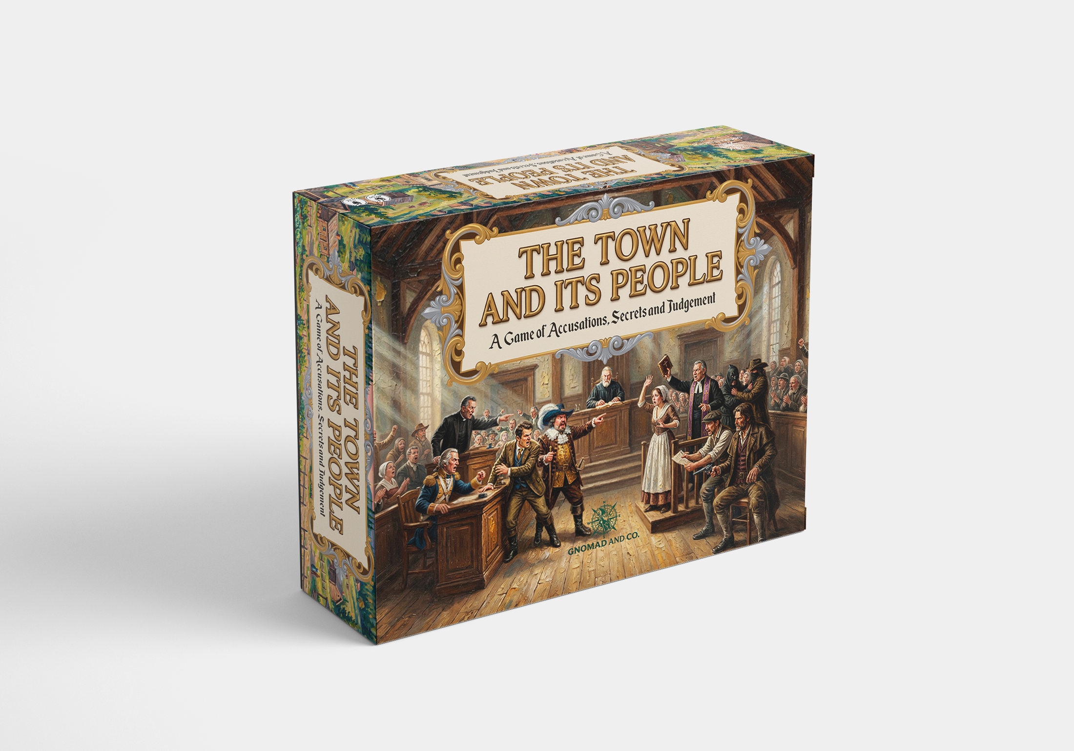 Board game box titled "The Town and Its People" depicting a historical courtroom scene with judges, lawyers, and citizens in period attire.