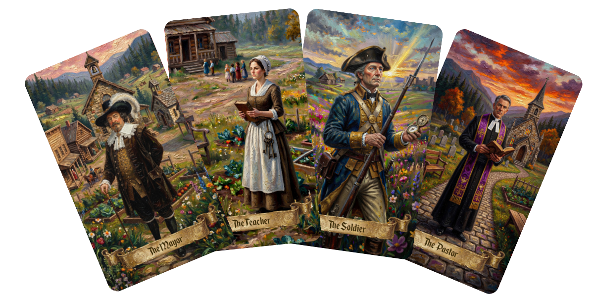Four illustrated playing cards depicting historical figures: The Mayor, The Teacher, The Soldier, and The Pastor, set against various outdoor backgrounds.