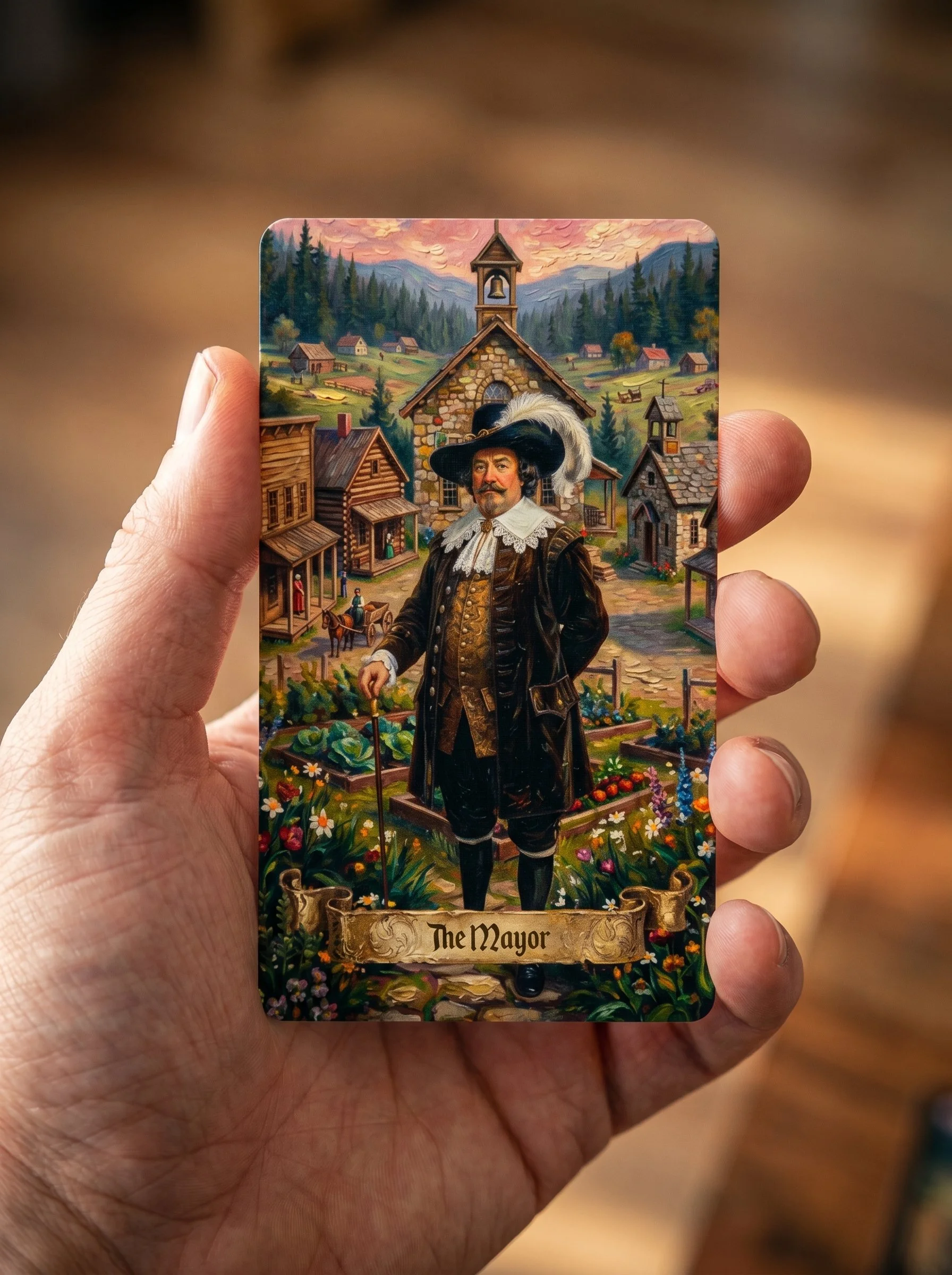A tarot card titled 'The Mayor' depicts a man dressed in historical attire holding a cane, standing in front of a rural village with houses, trees, and mountains in the background.