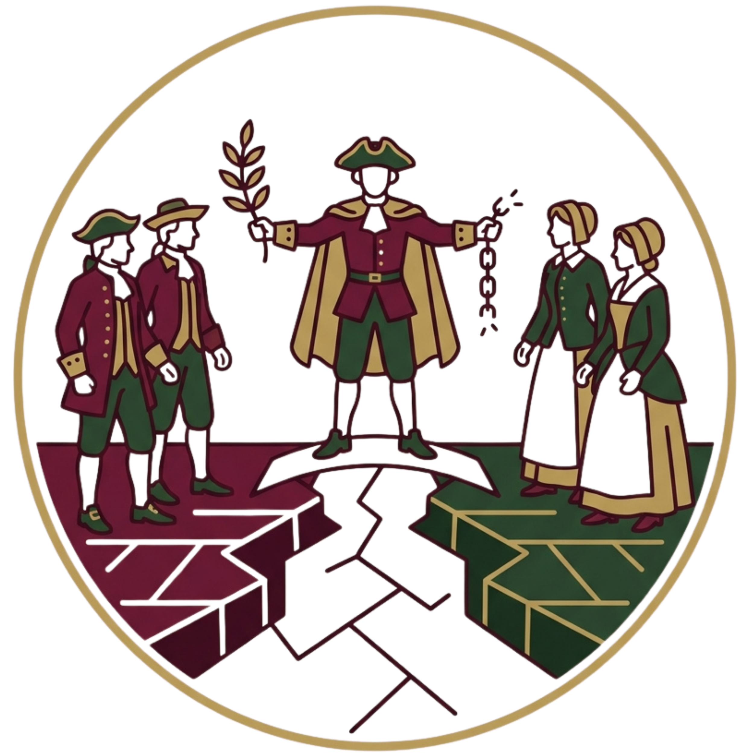 Close-up of a badge or emblem with a military or official insignia, featuring figures and symbols in green, purple, and yellow colors.
