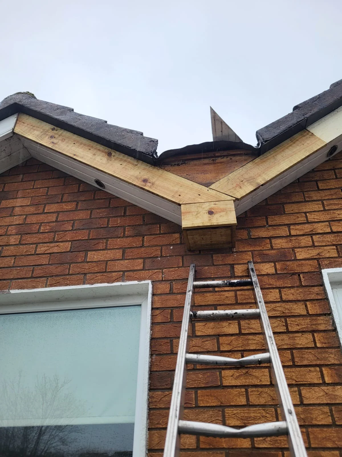 A brick house exterior with a window and an ongoing roof repair or replacement. A ladder is leaning against the wall, and new wooden fascia boards are installed under the roof's edge. The upper part of the roof has a gap, showing the blue sky.