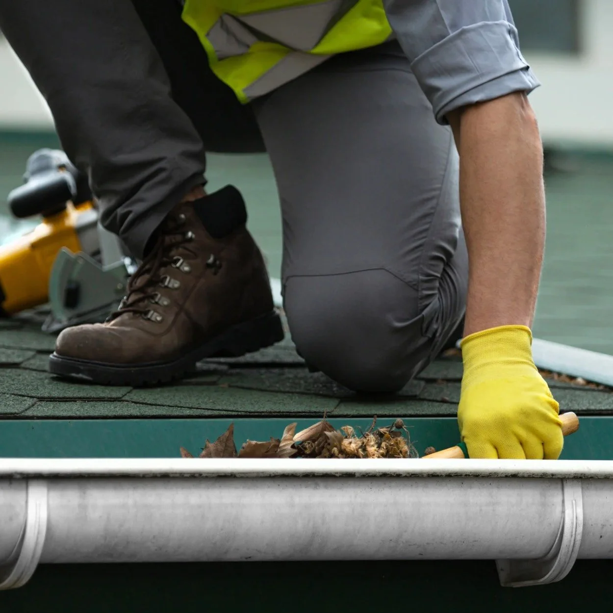 Person kneeling on a roof, wearing a yellow glove, working with debris and leaves, with a power tool nearby.
