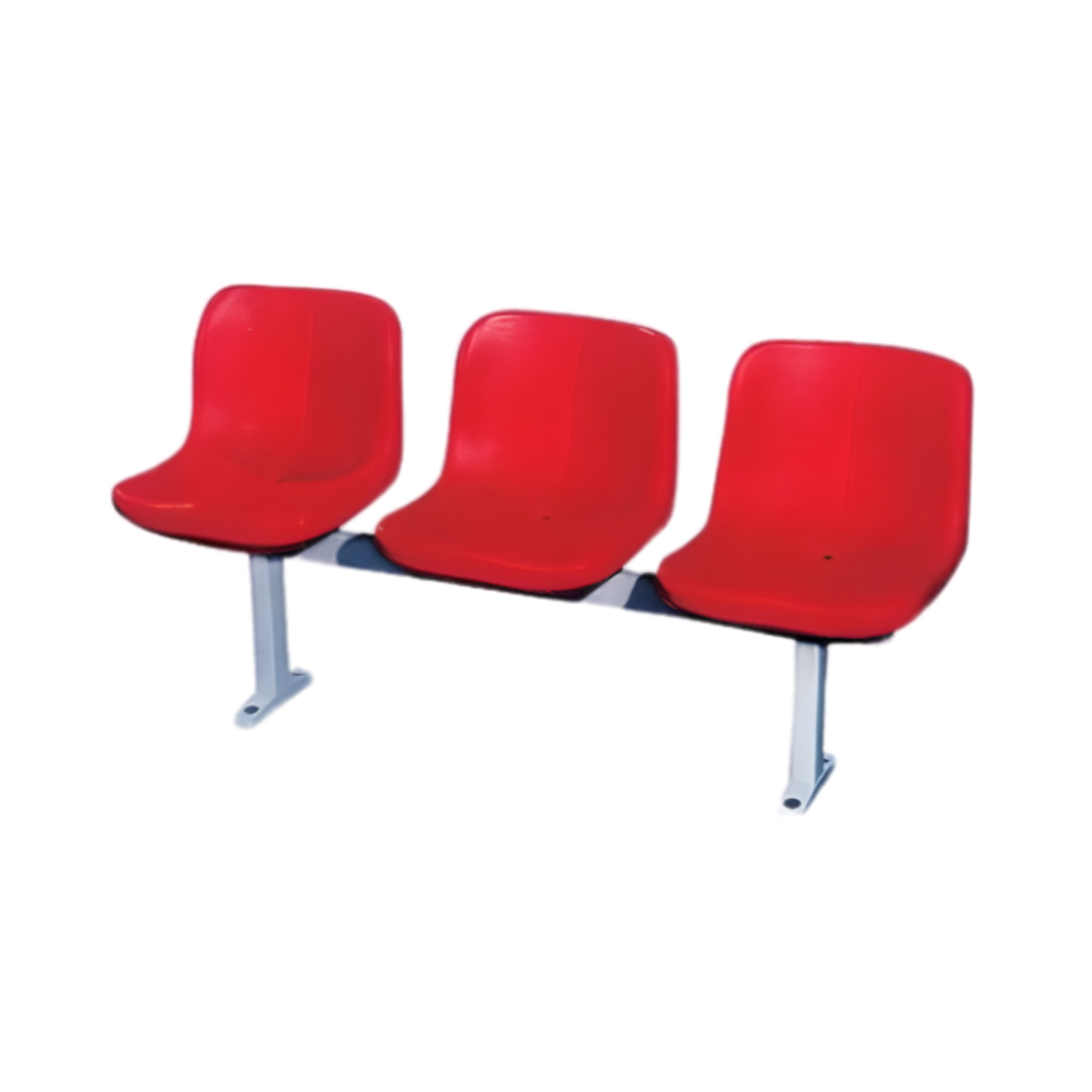 Three red stadium seats with metal frames against a plain white background.