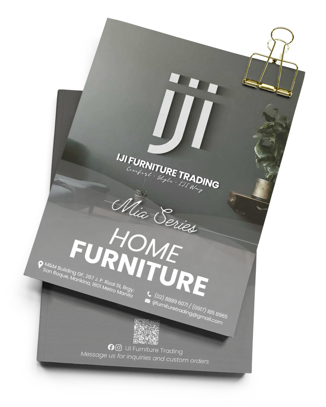 Brochure for IJ Furniture Trading featuring home furniture, with contact information, social media icons, and a QR code.