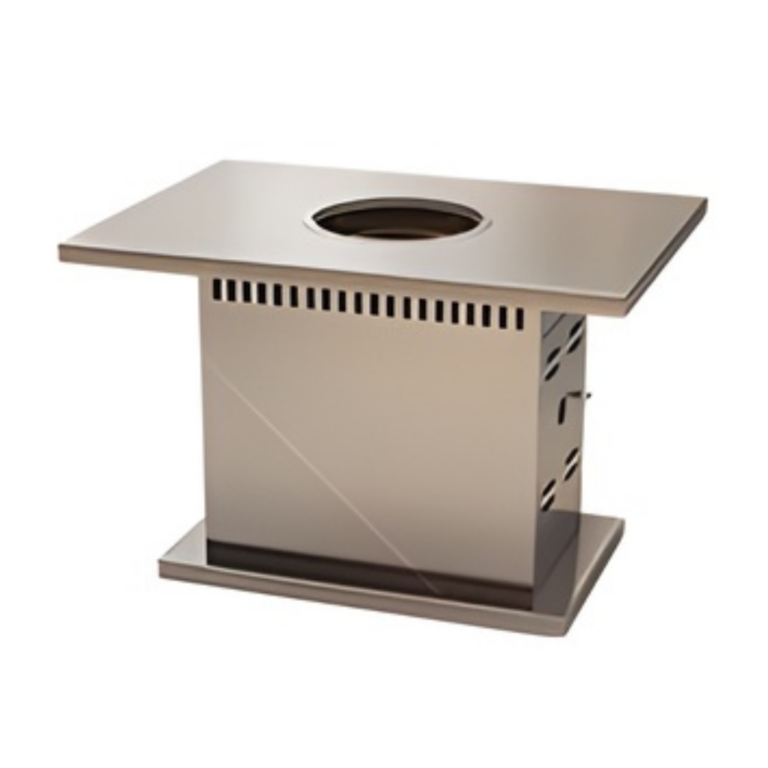 A metallic construction with a circular hole on top and vent-like slots on the sides, set against a plain white background.