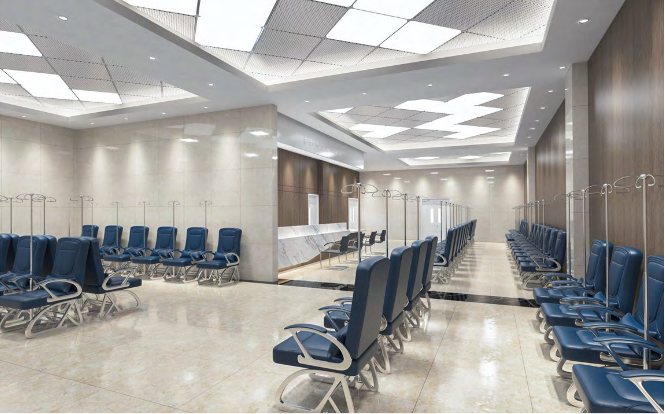 Empty waiting area with rows of blue chairs and a polished tiled floor in a modern building, possibly an airport or hospital.