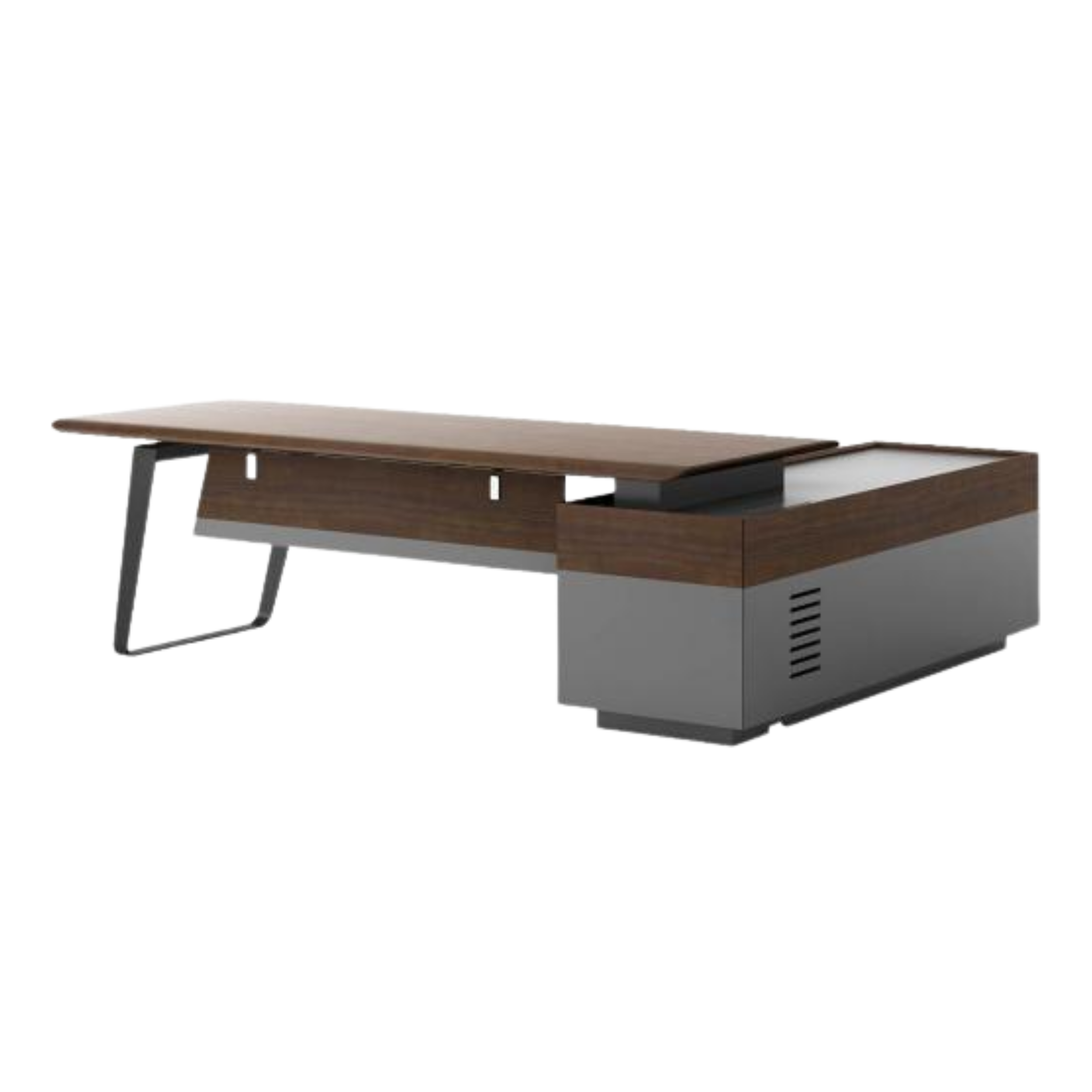Modern conference table with a wood surface and metal legs.