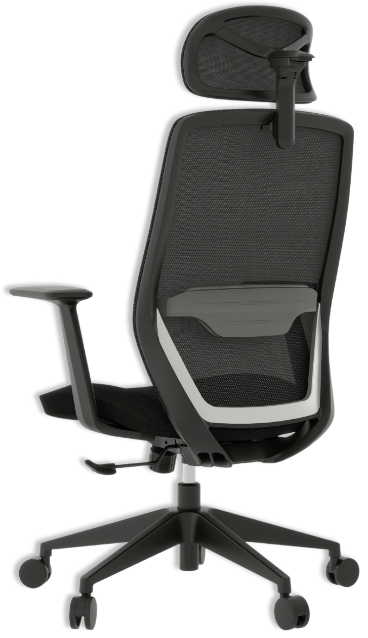 A black ergonomic office chair with a mesh back, adjustable headrest, armrests, and a wheeled base.