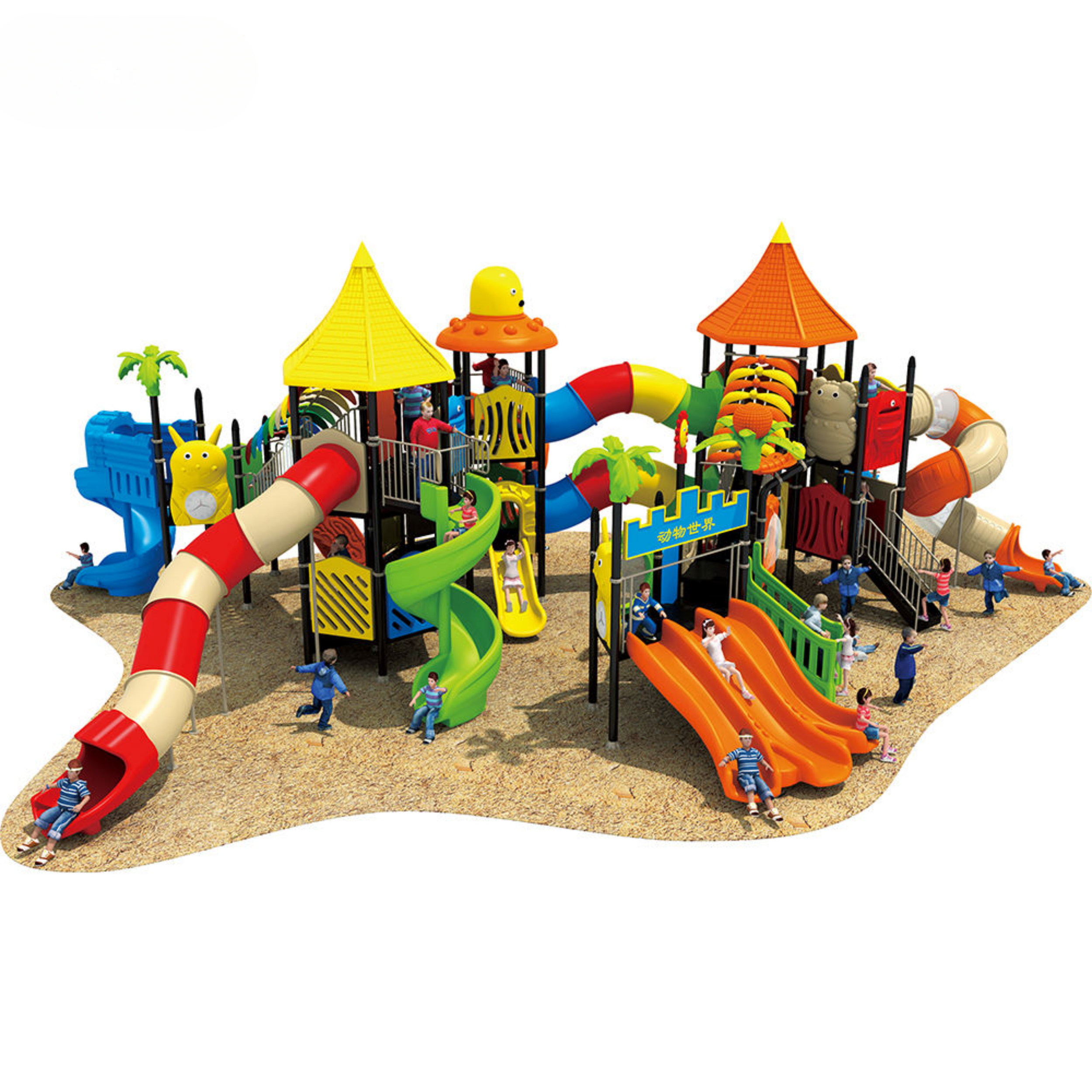 Colorful playground with slides, tunnels, and children playing.