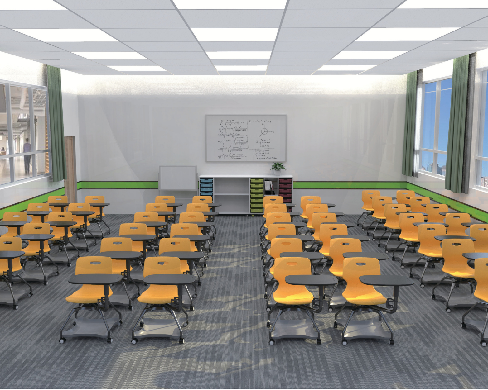 Empty classroom with yellow chairs and individual student desks arranged in rows, whiteboard with writings, large windows with green curtains, and a ceiling with fluorescent lights.