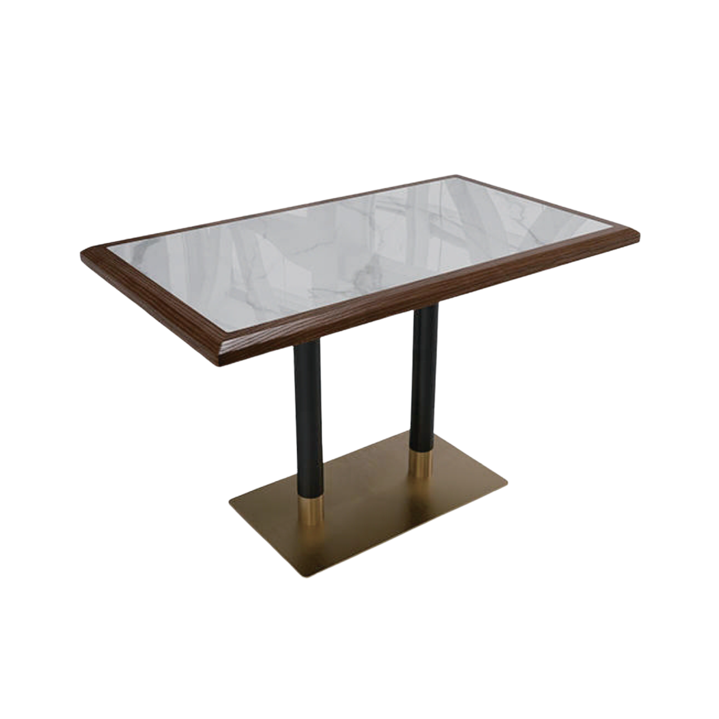 A rectangular table with a wooden frame, glass top, black metal legs, and a brass-colored base.