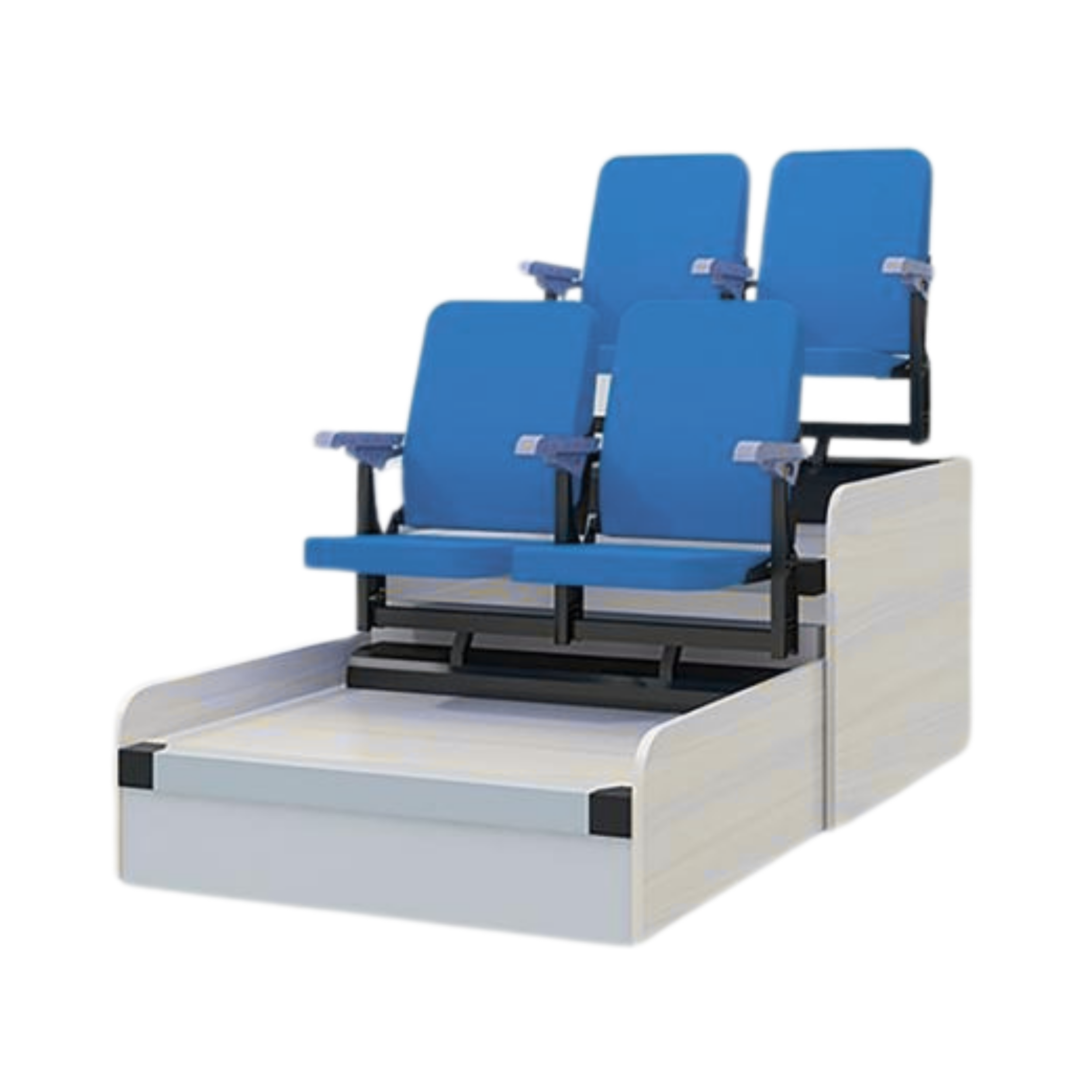 Empty blue stadium seats arranged in multiple rows, with some white support structures visible.