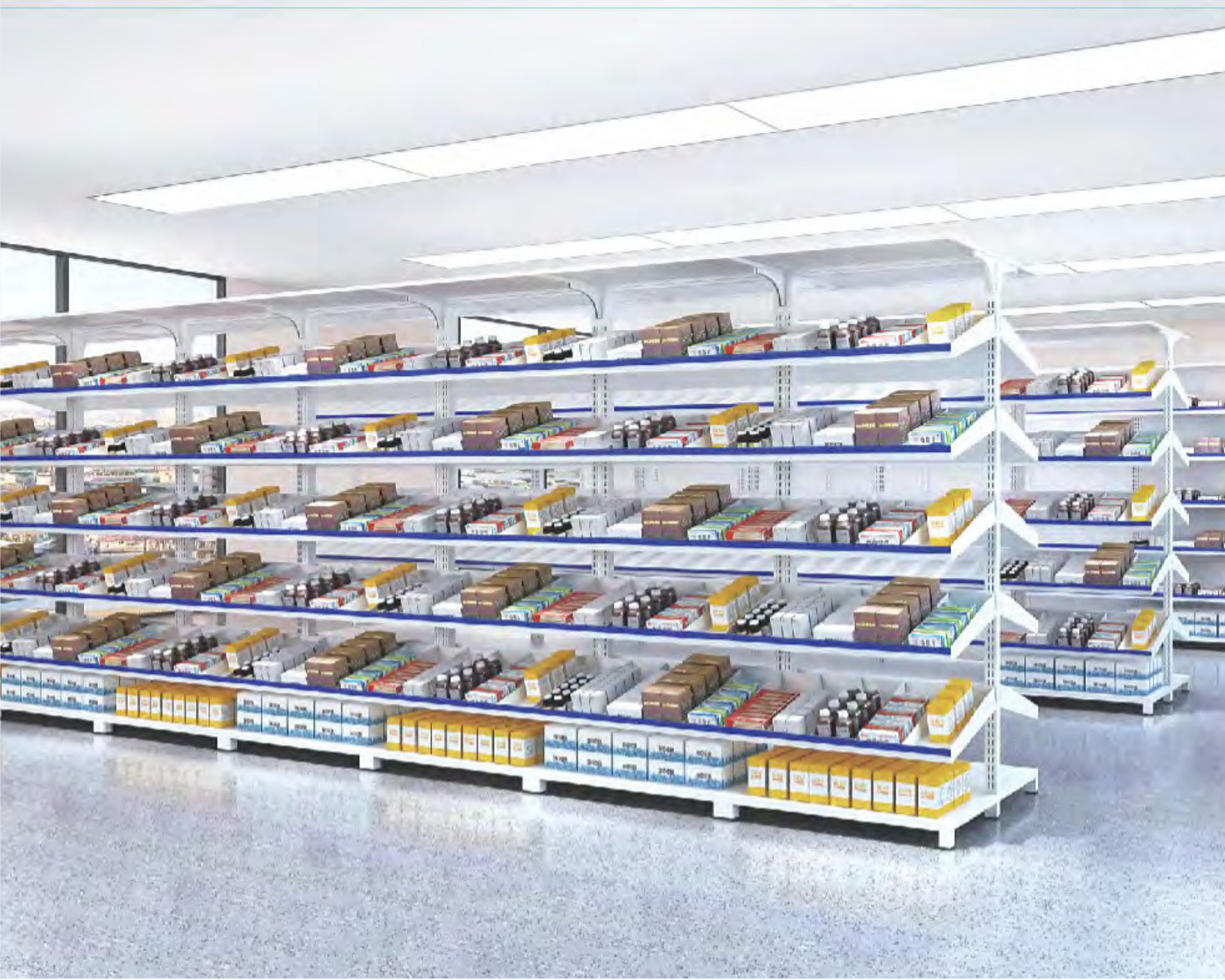 Multiple shelves in a pharmacy or drugstore, stocked with various medication boxes and bottles, in an organized manner.