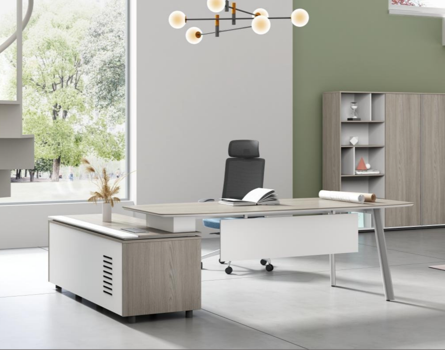 Modern office with a large window, a black ergonomic chair, a wooden desk with a white metal panel, a bookshelf with decorative items, and a green accent wall.