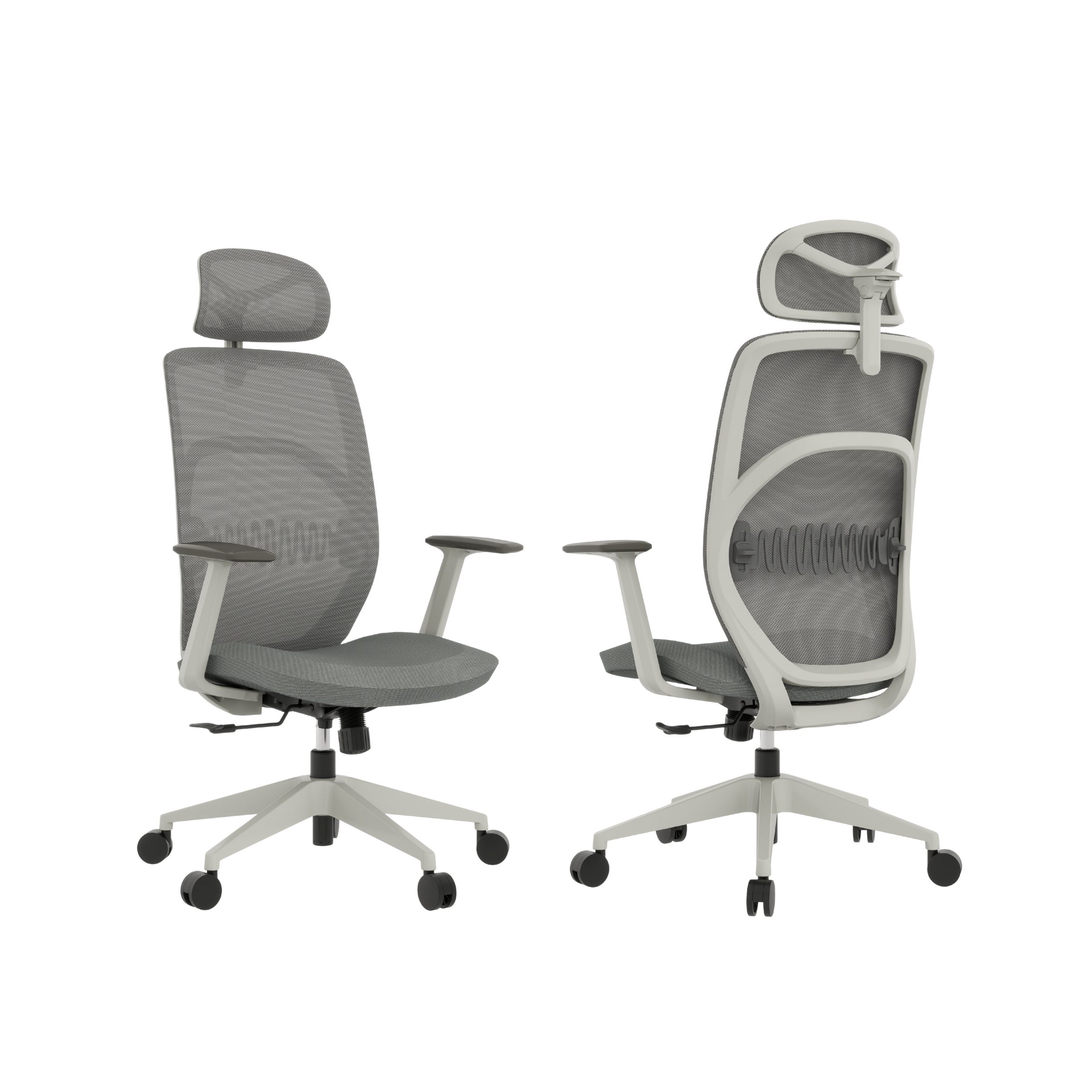 Gray ergonomic office chairs around a white conference table against a black background.
