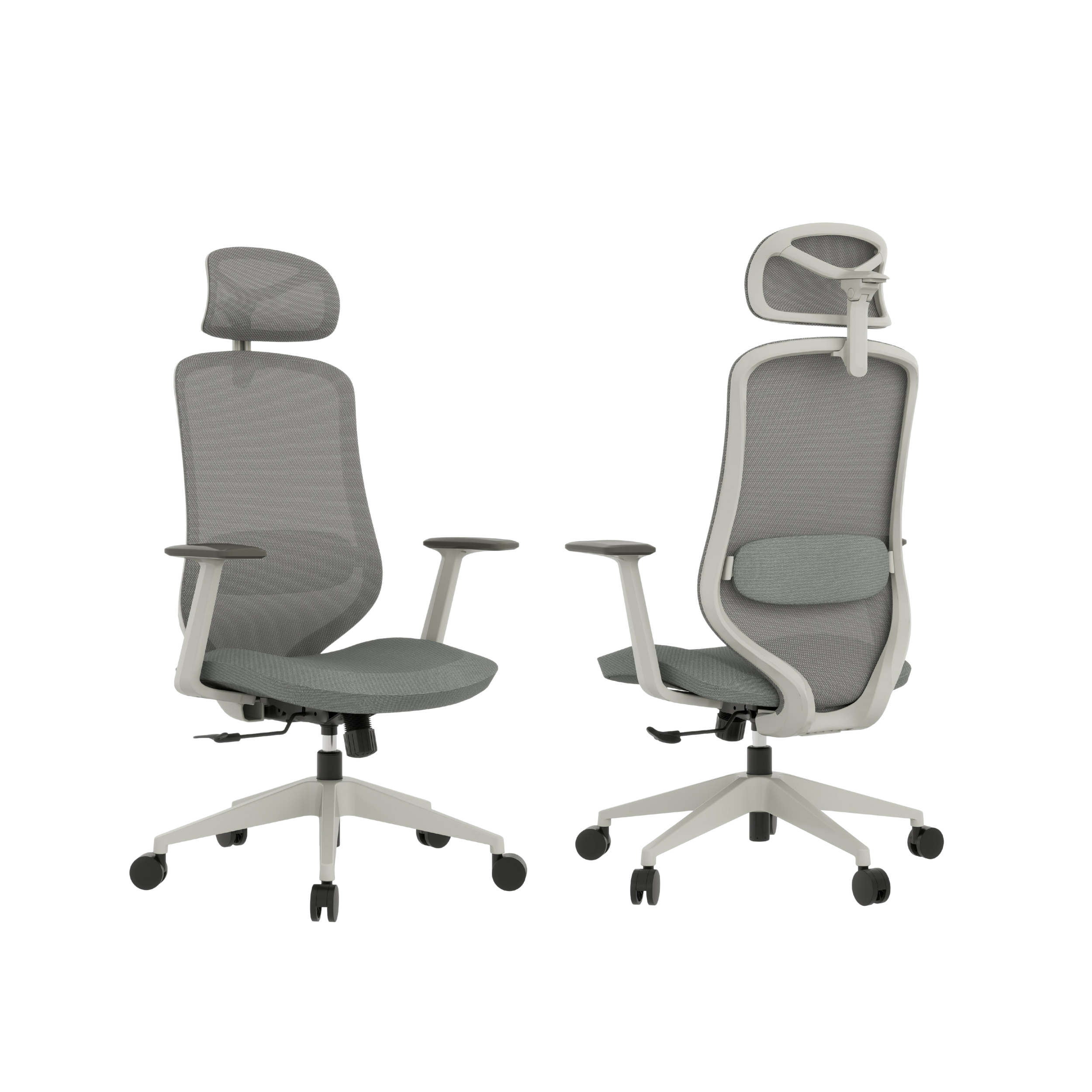 Multiple ergonomic office chairs with gray mesh backs and white frames