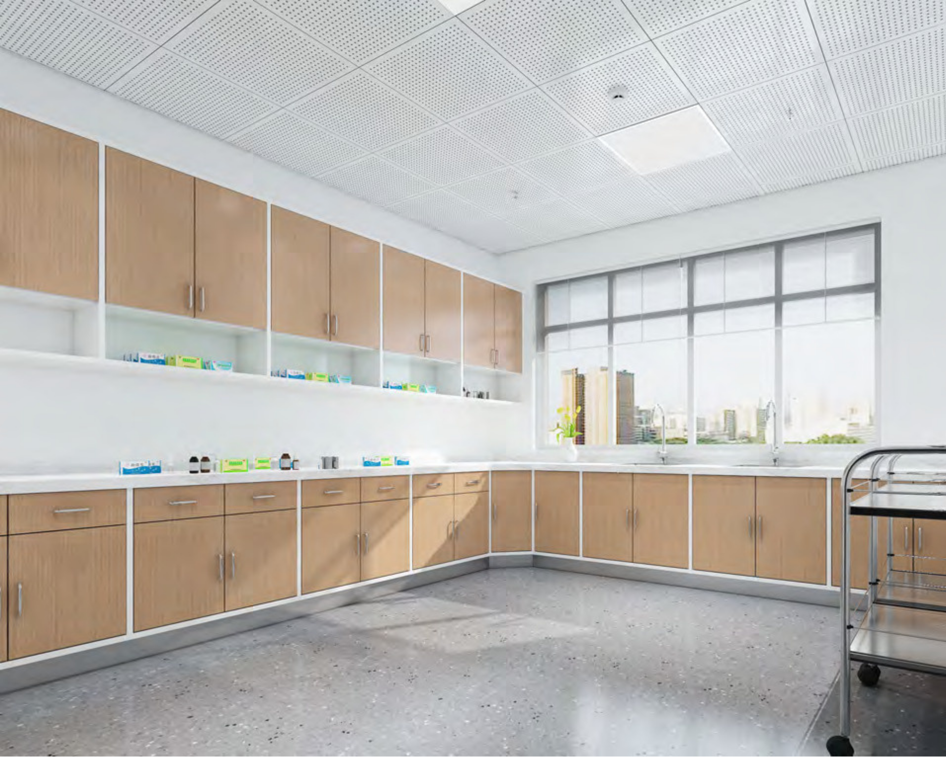 A hospital or medical clinic room with wooden cabinets, a white countertop, and a window showing a cityscape. The ceiling has perforated acoustic tiles, and there are various medicines or supplies on the counter.
