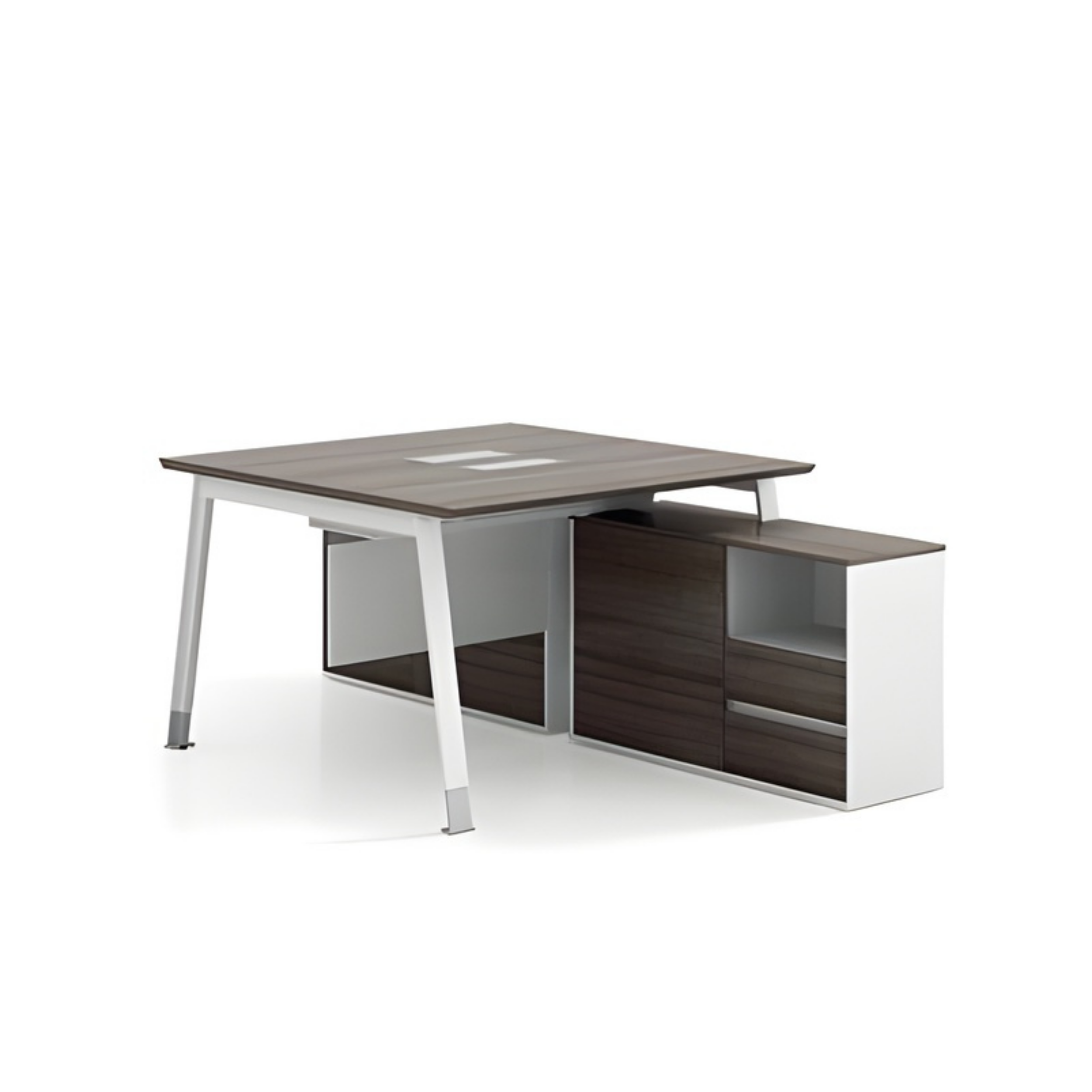 A modern desk with a wooden top and white legs, featuring open storage compartments and a closed cabinet underneath.