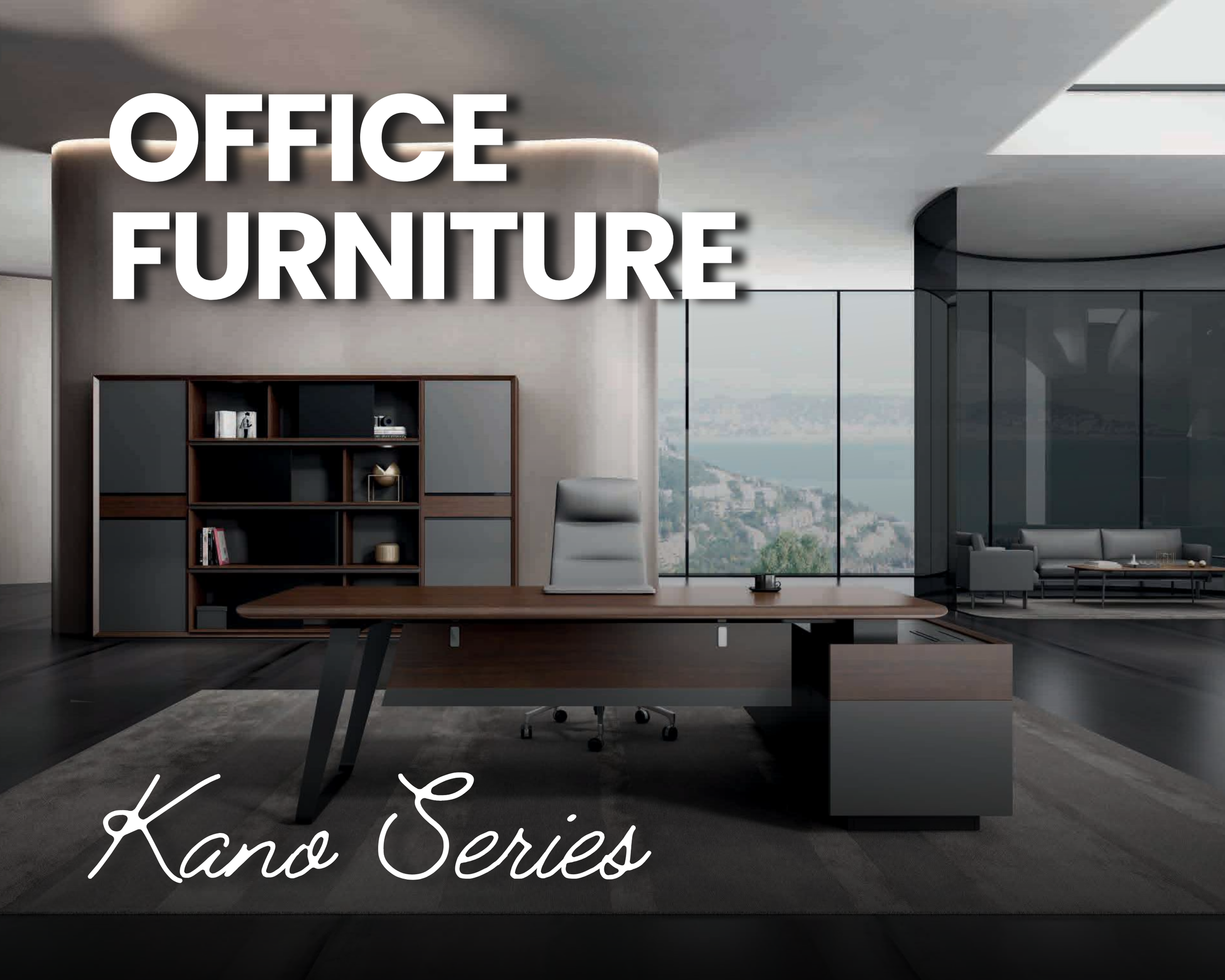 Modern office interior with a desk, office chair, bookshelf, and large windows showing city view. Text overlay reads 'Office Furniture' with part of 'Kitchen Series' visible at the bottom.