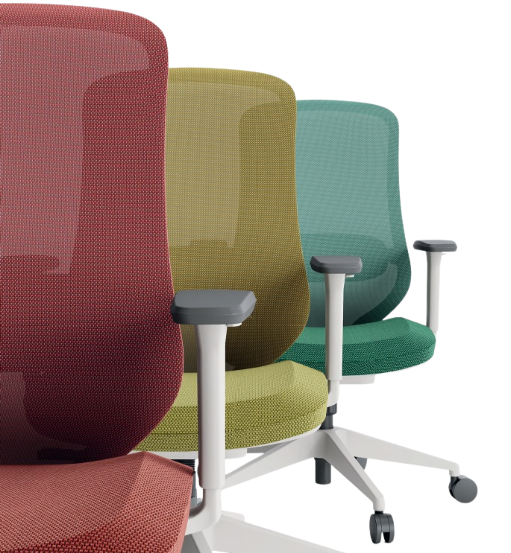 A set of colorful modern office chairs with mesh backs and armrests in red, yellow, teal, and green, with white bases and black casters.