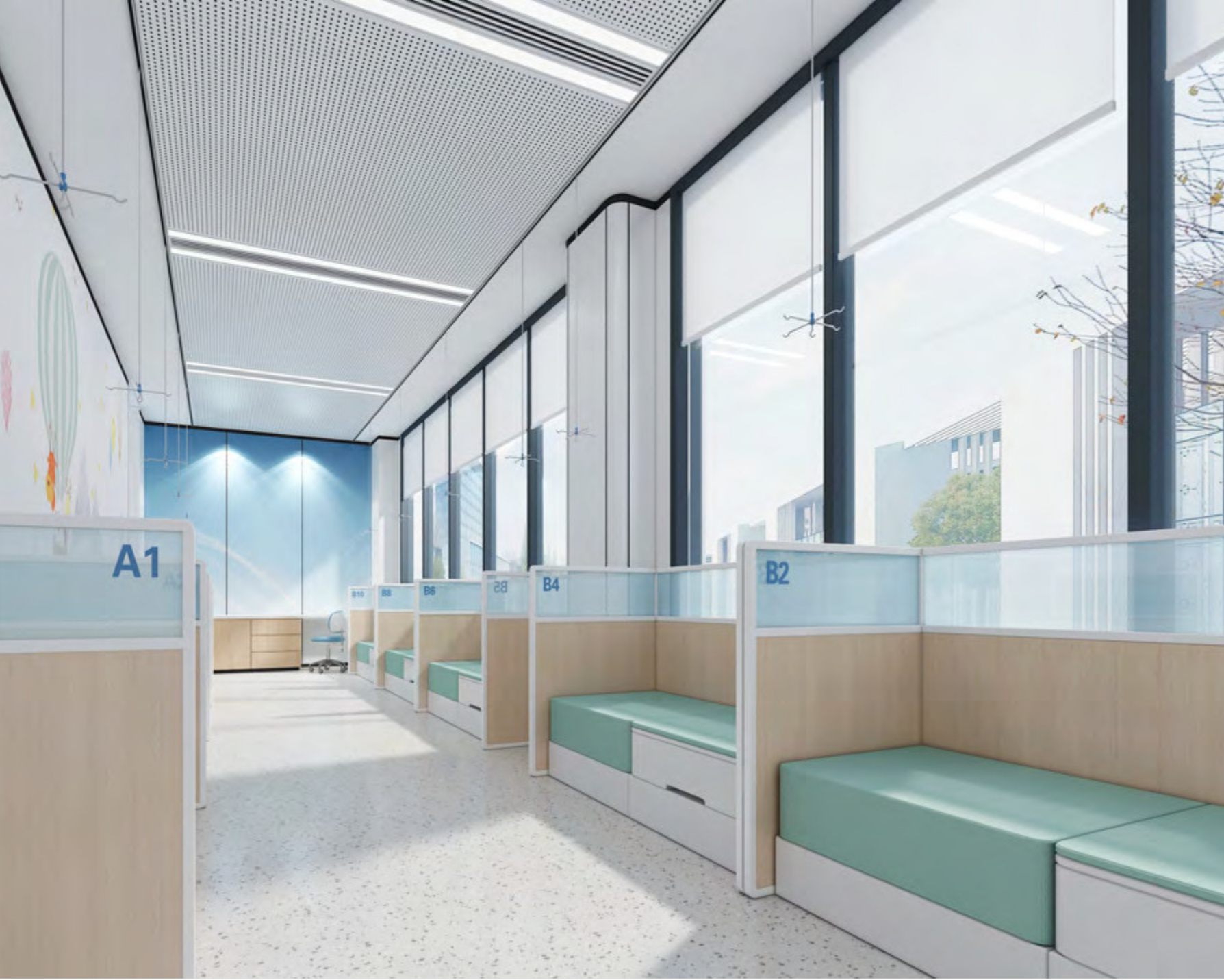 A modern, brightly lit hospital or clinic waiting area with individual seating pods labeled A1, B2, B4, B6, and others, situated next to large windows showing a cityscape and trees outside.