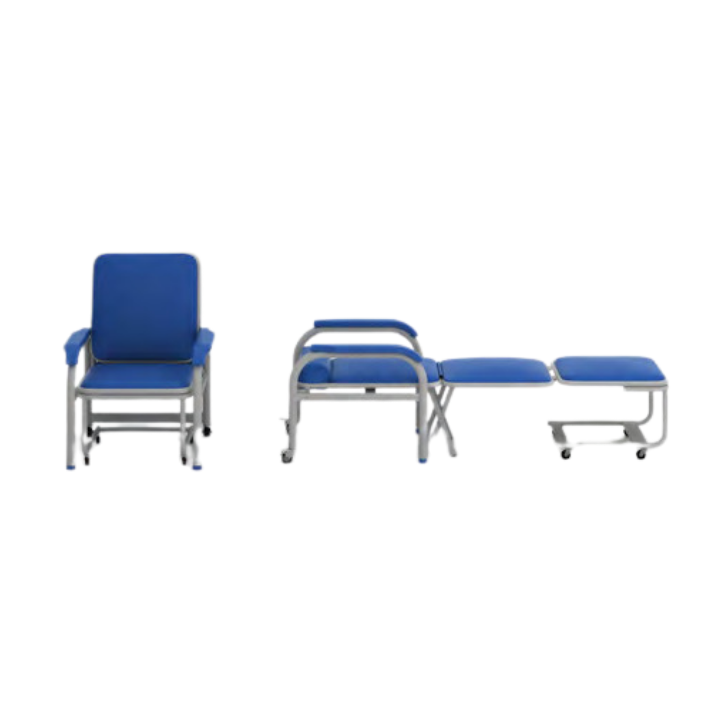 Multiple blue chairs with metal frames connected in a row against a white background.