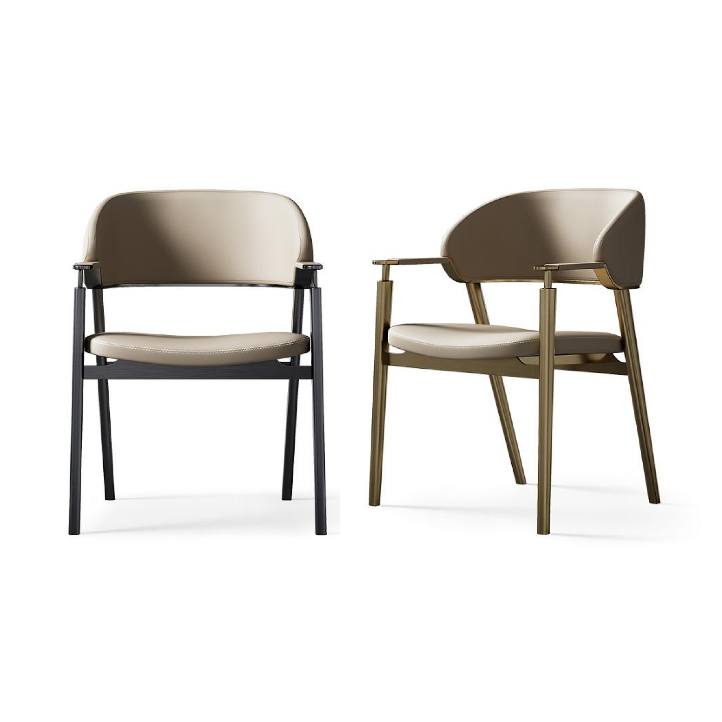 Two modern chairs, one black with beige cushion and one beige with a wooden armrest, set against a white background.