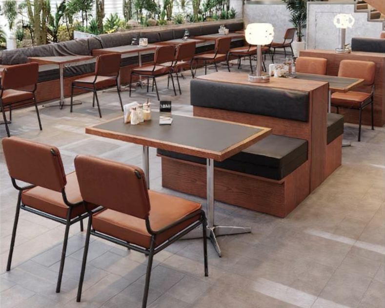 Empty modern restaurant or cafe with brown leather chairs, wooden tables, and cushioned booth seating, decorated with small plants and table lamps.